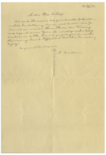 Albert Einstein Autograph Letter Signed From 1921 the Year of His Nobel Prize Win